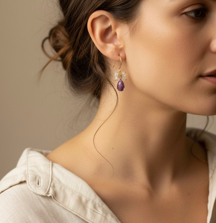 Amethyst and moonstone 14k gold filled drop earrings. February Birthstone earrings