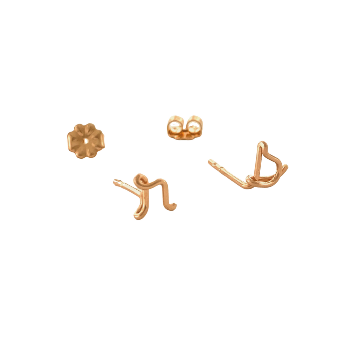 14k Gold Pair of Initial Earrings. Small Dainty lowercase script earrings. Gold Letter Wire Studs.