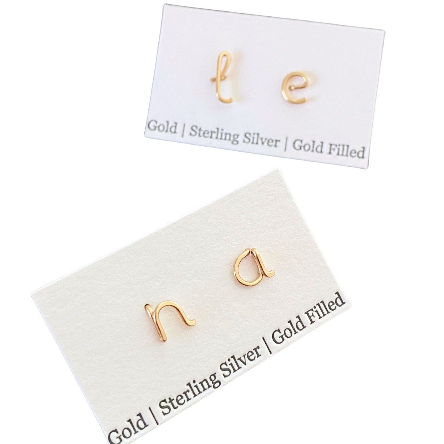 14k Gold Pair of Initial Earrings. Small Dainty lowercase script earrings. Gold Letter Wire Studs.