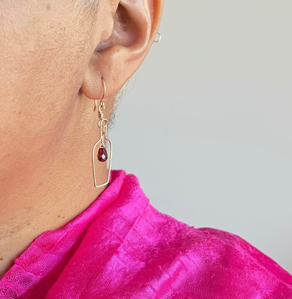 Red Wine Earrings. Sterling Silver Garnet Wine Bottle and Cork Screw Earrings.