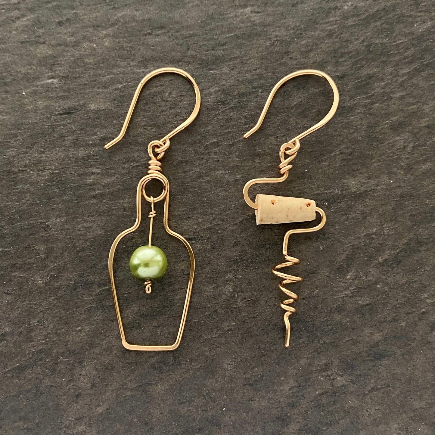 Wine Bottle Cork Screw Earrings with Green Grape. White Wine Lovers Jewelry. Silver, Gold.