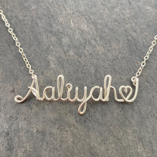 Heart Name Necklace. Personalized Custom Script Valentine’s Day Gift: Silver or Gold
