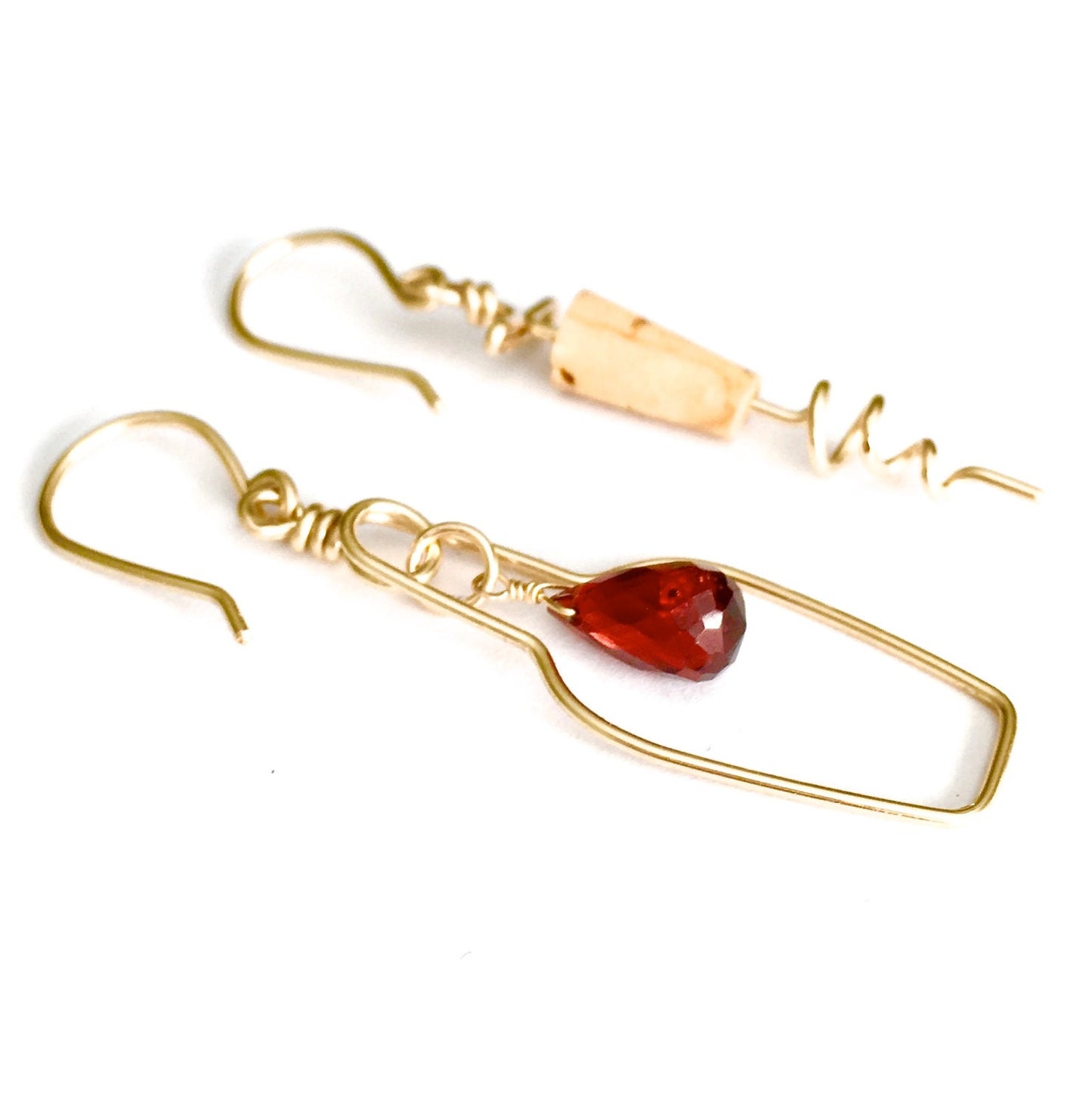 Red Garnet Wine Bottle Cork Screw Earrings. Gold Cocktail Jewelry.