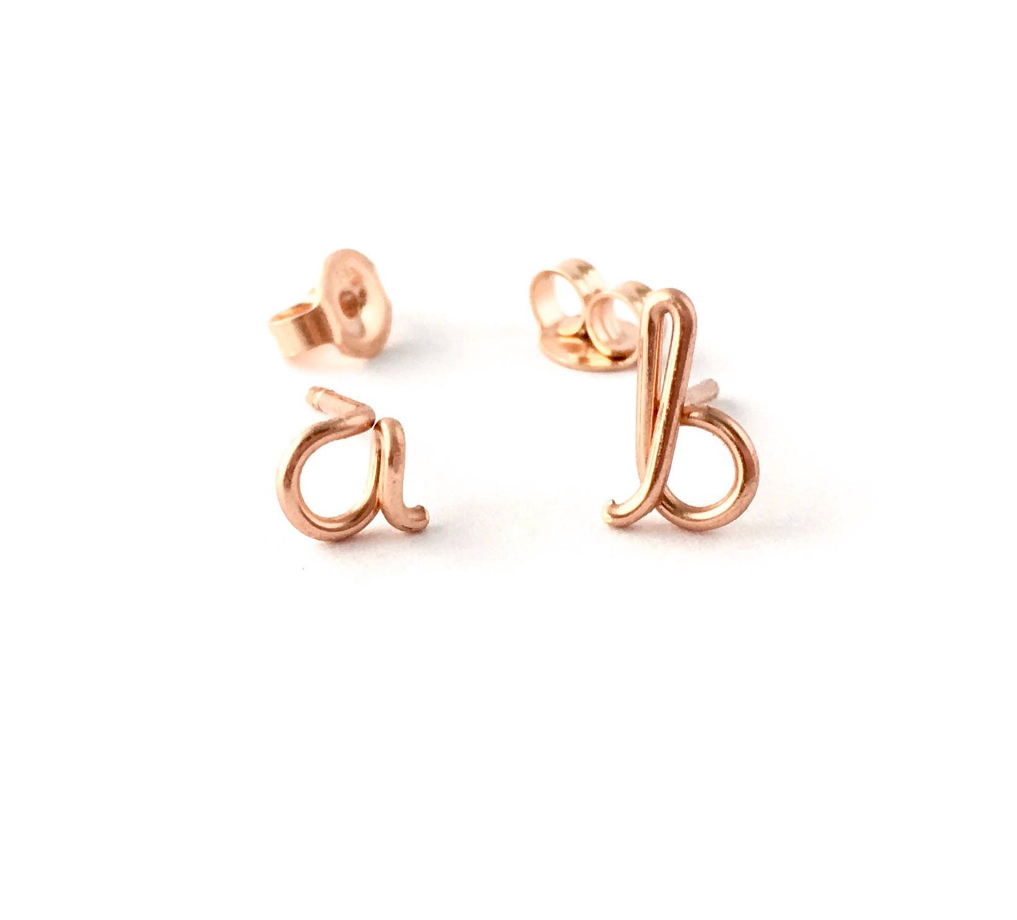 Initial Earrings. 14k Rose Gold Lowercase letter Studs. Dainty Cute Small post studs. Pink gold earrings.