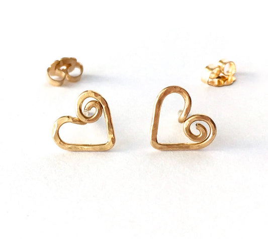 Hand Hammered 14k Gold Heart Stud Earrings: Dainty Valentine's Gift
