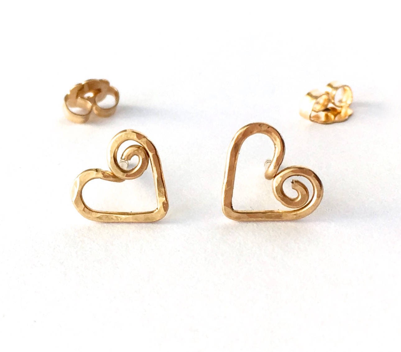 Gold Heart Stud Earrings. 14k Gold Swirly Heart Studs. Spiral Heart Stud Post Earrings. 14k gold filled hearts