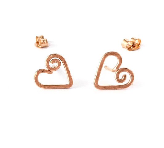 Rose Gold Heart Stud Earrings. Hand Hammered Heart Studs. 14k Rose Gold Filled Heart Post Earrings. Small Girl Valentines Day Studs