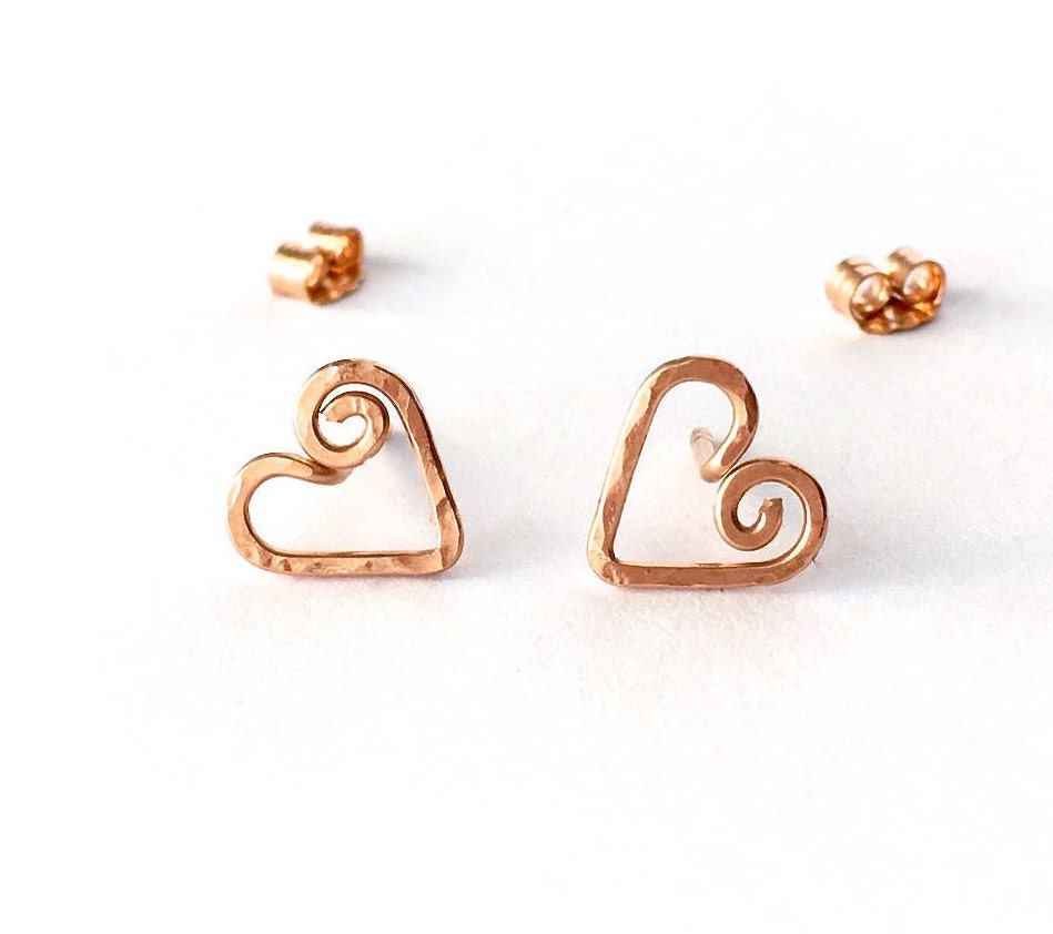 Hammered Rose Gold Filled Heart Stud Earrings