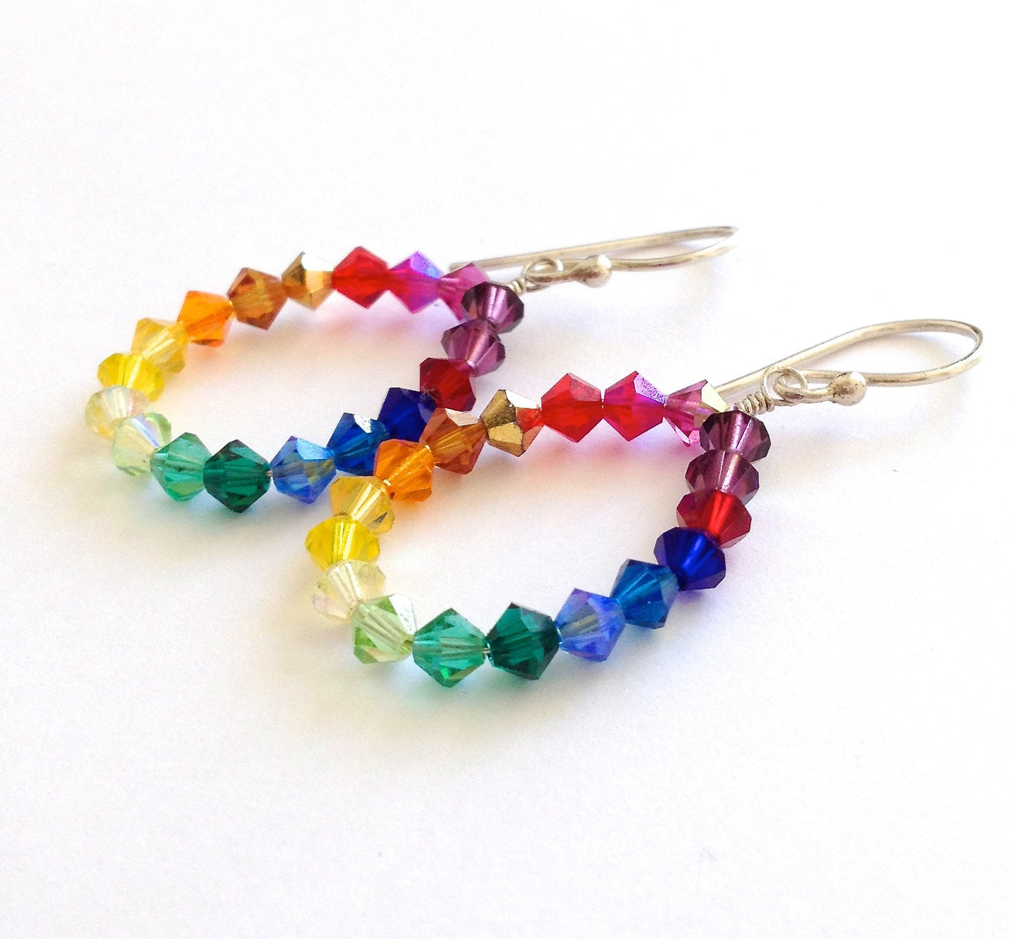 Rainbow Swarovski Crystal Hoop Earrings: Sterling Silver Wire