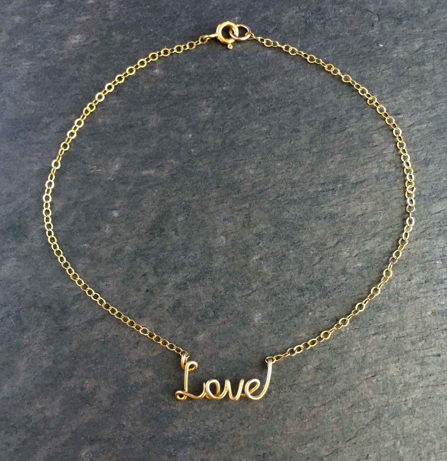 14k Solid Gold Love Anklet, Tiny Petite Word Dainty Heirloom Quality Ankle Bracelet