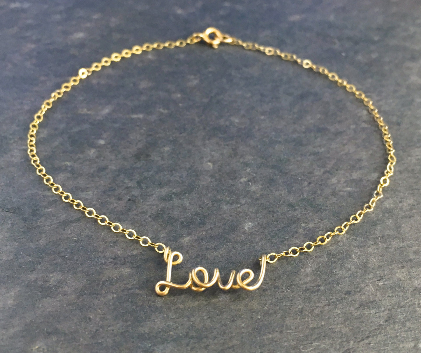 14k Solid Gold Love Anklet, Tiny Petite Word Dainty Heirloom Quality Ankle Bracelet