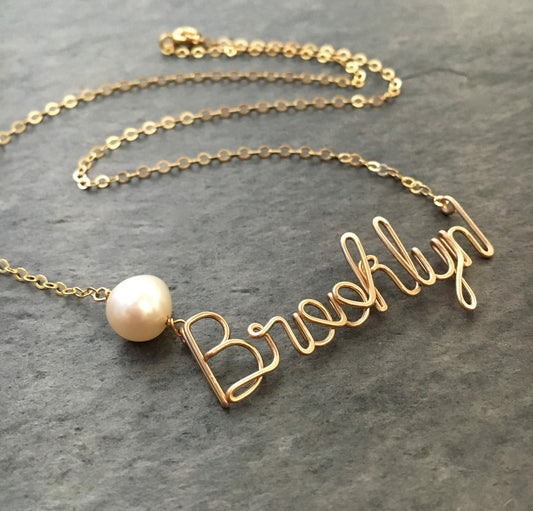 Gold Name Necklace: Custom 14k Gold Filled Wire with Freshwater Pearl