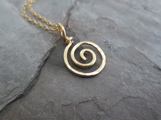 14k Gold Spiral Pendant Necklace: Hand Hammered Round Swirl.