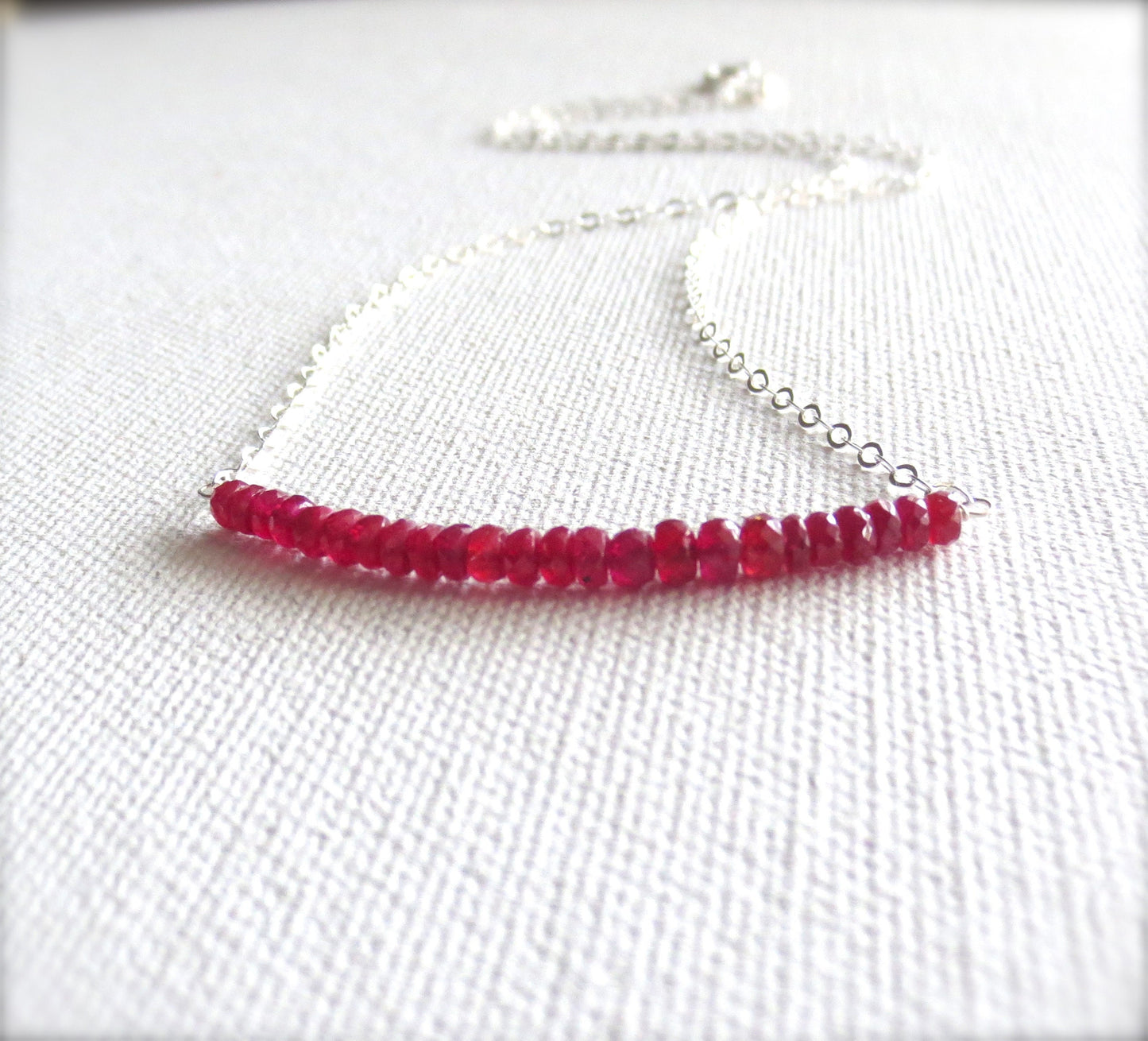 Red Ruby Necklace. Sterling Silver Genuine Rubies Bar Necklace.
