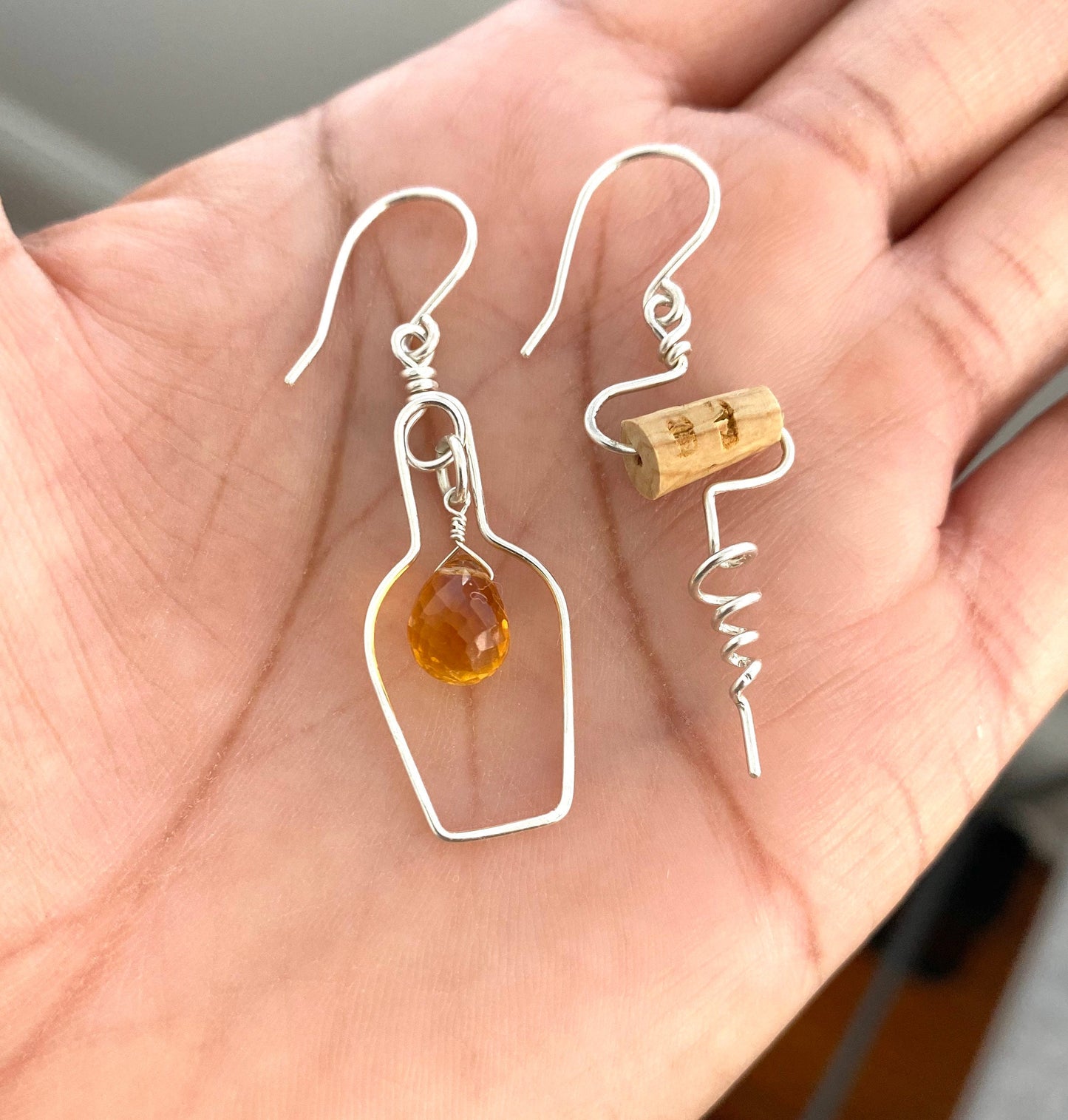 Champagne Bottle and Cork Screw Earrings with Genuine Citrine. Wine Lover Gift.