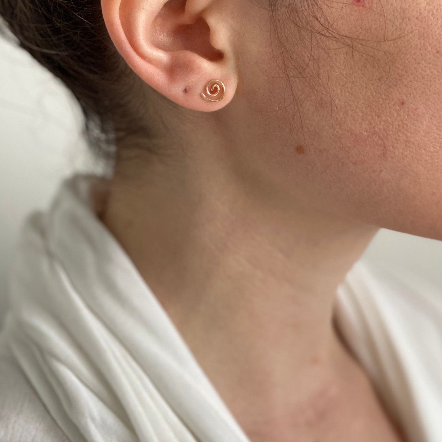 14k Rose Gold Spiral Stud Earrings: Hand Hammered Sun Swirl Posts