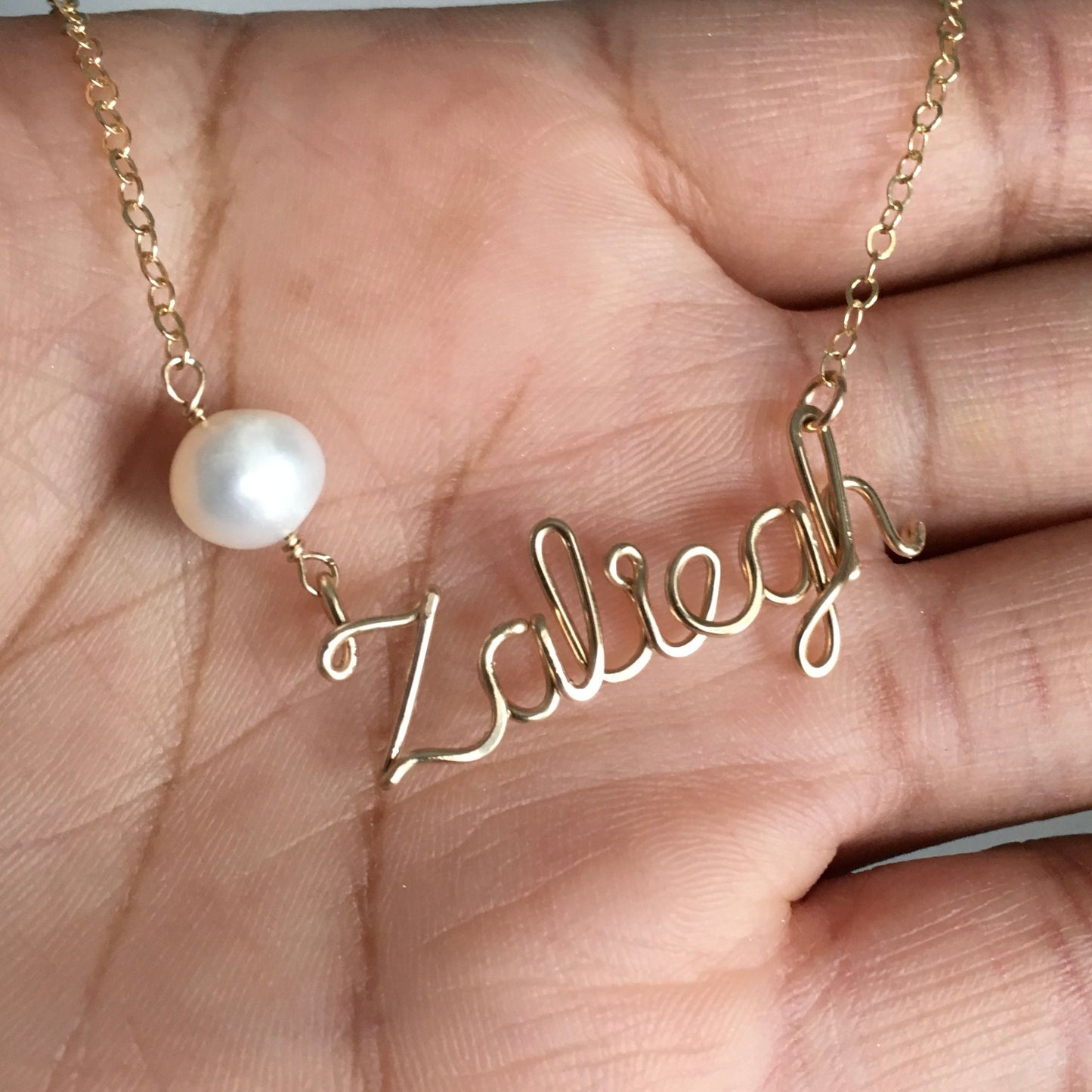 Gold Name Necklace: Custom 14k Gold Filled Wire with Freshwater Pearl