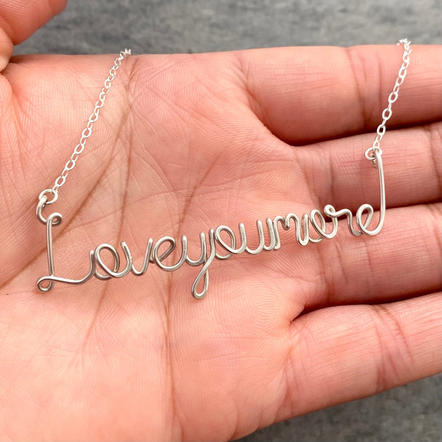 Love You More Necklace: Sterling Silver Wire Script Love Jewelry. Handmade