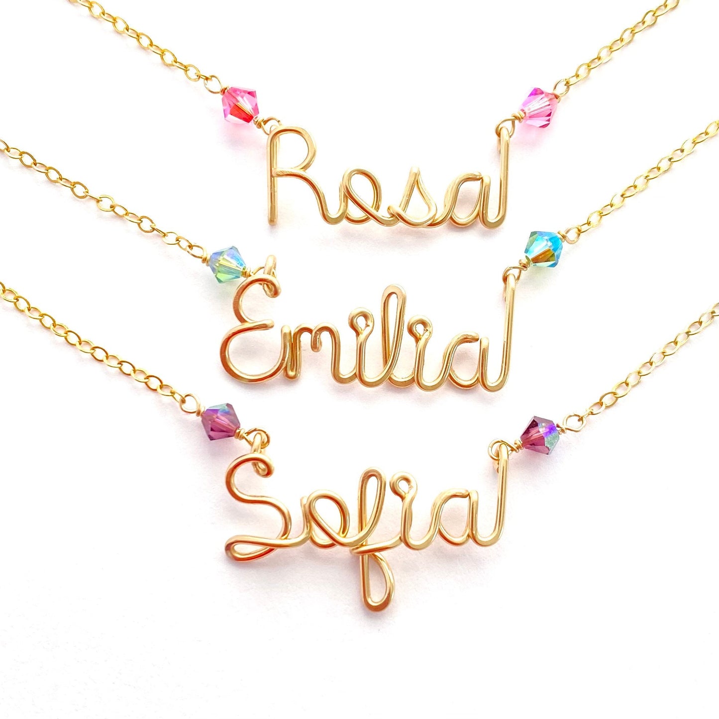 Gold Filled Child Name Necklace: Cursive Swarovski Crystal Personalized Jewelry