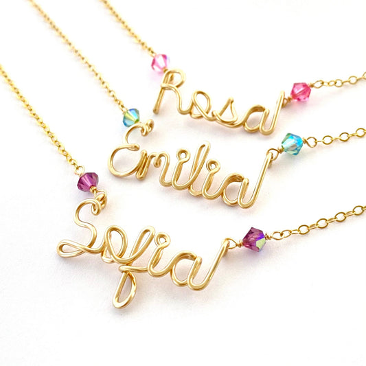 Gold Filled Child Name Necklace: Cursive Swarovski Crystal Personalized Jewelry