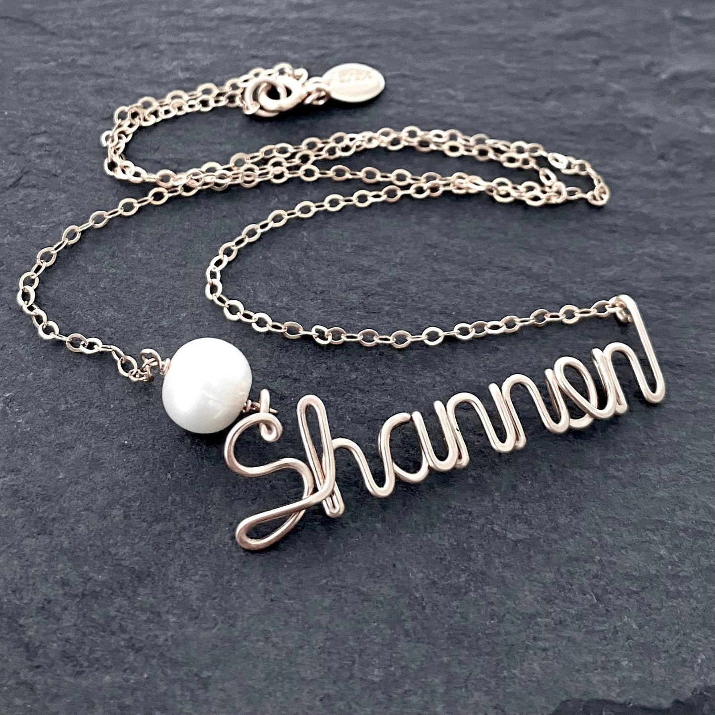 Personalized Sterling Silver Name Necklace with Freshwater Pearl. Custom Script Wire Name.