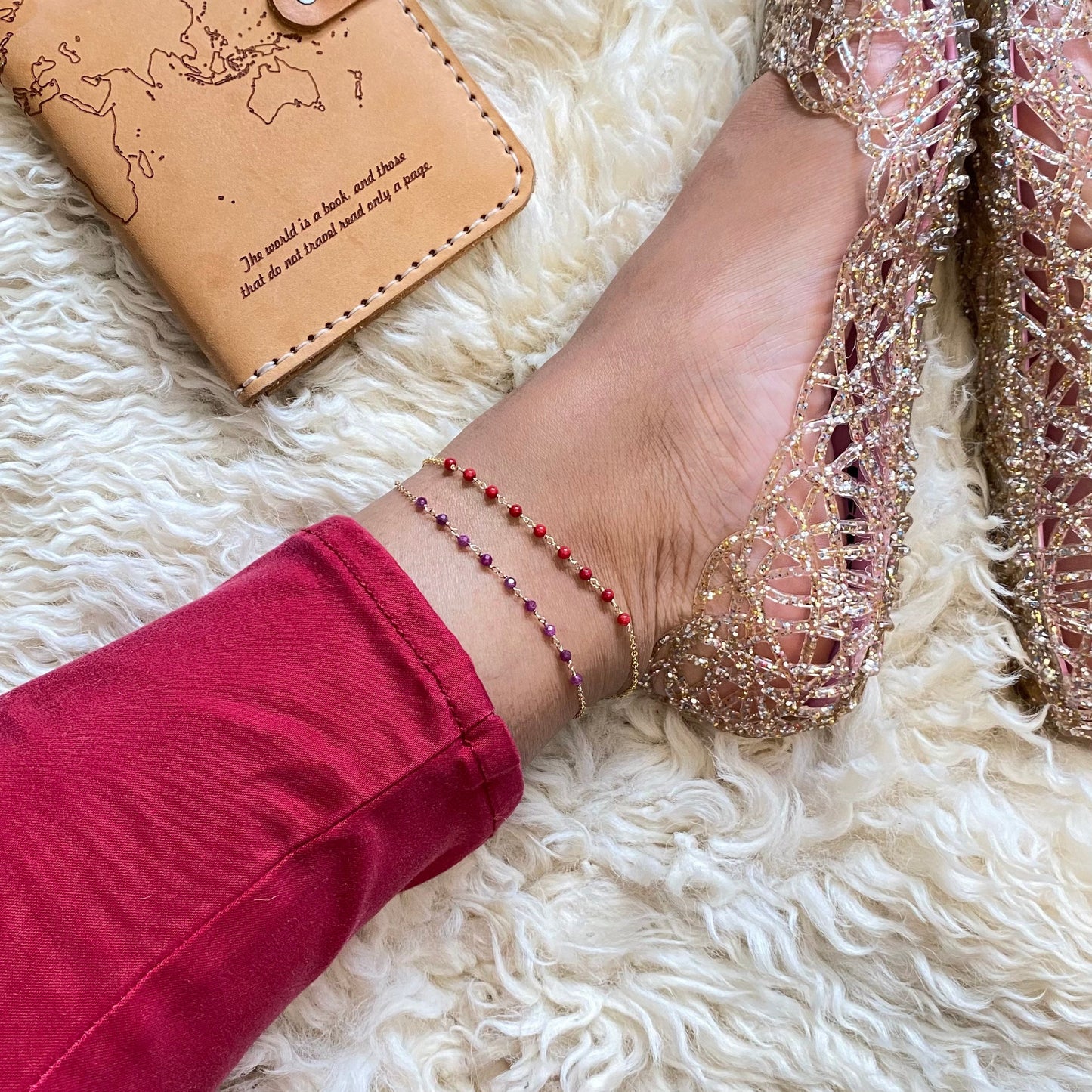 Dark Red Ruby Anklet: Delicate 14k Rose Gold Filled Ankle Chain.