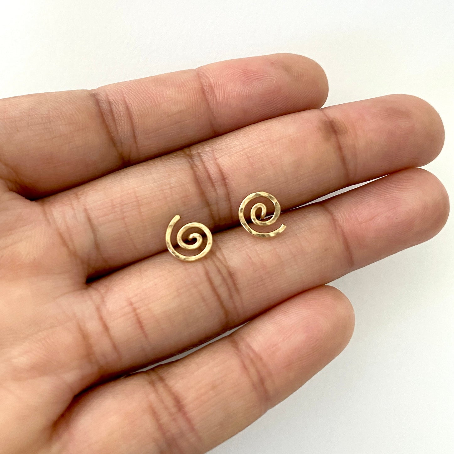 14k Solid Gold Spiral Stud Earrings: Hammered Swirl Design