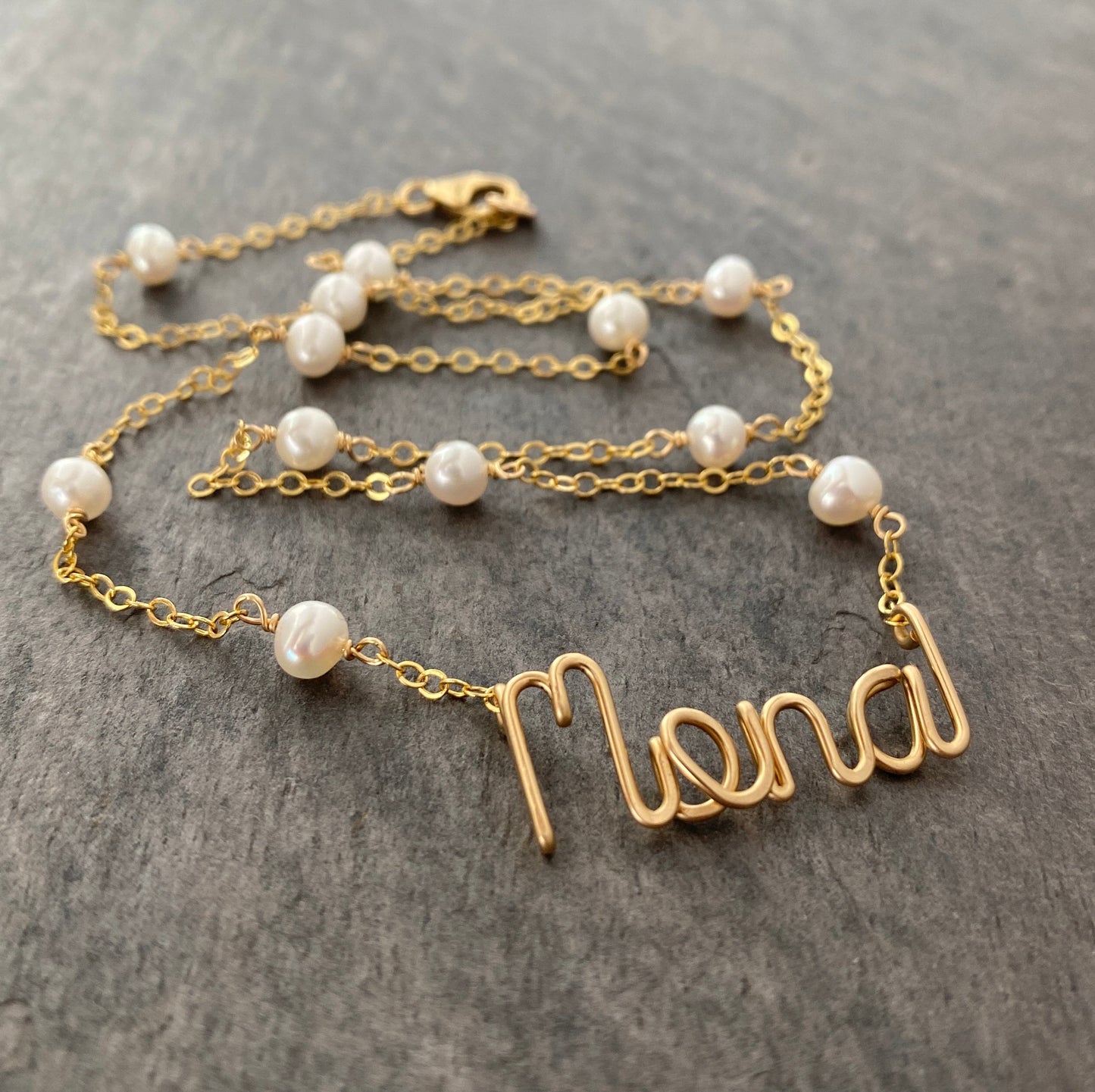Pearl Name Necklace. 14k Gold Personalized Freshwater Pearl Name Necklace.