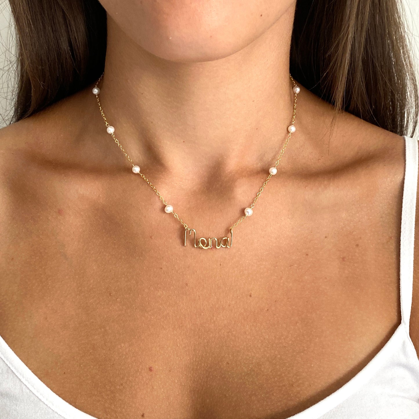 Pearl Name Necklace. 14k Gold Personalized Freshwater Pearl Name Necklace.