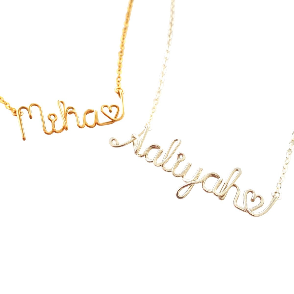 Heart Name Necklace. Personalized Custom Script Valentine’s Day Gift: Silver or Gold