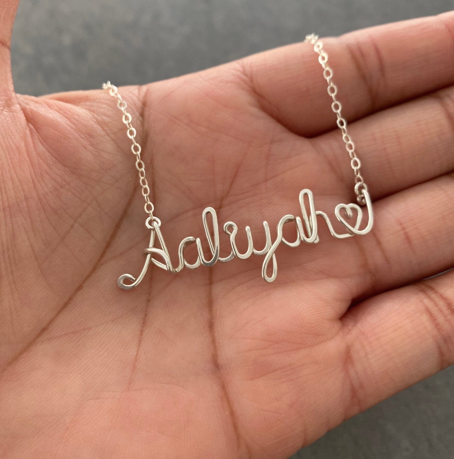 Heart Name Necklace. Personalized Custom Script Valentine’s Day Gift: Silver or Gold