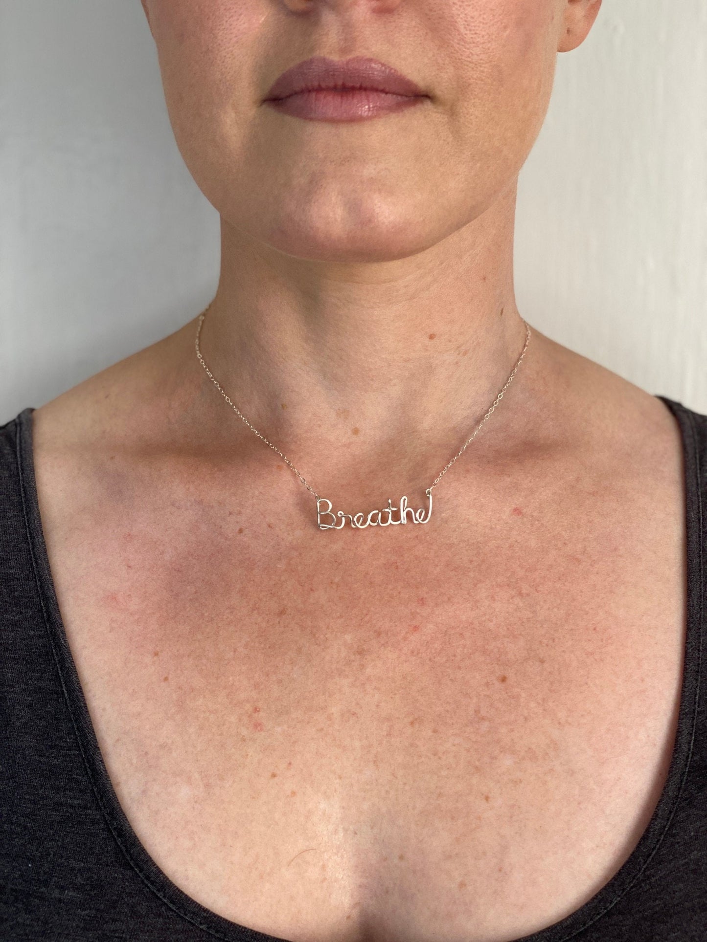 Sterling Silver Breathe Necklace: Wire Calligraphy, Yoga Inspiration
