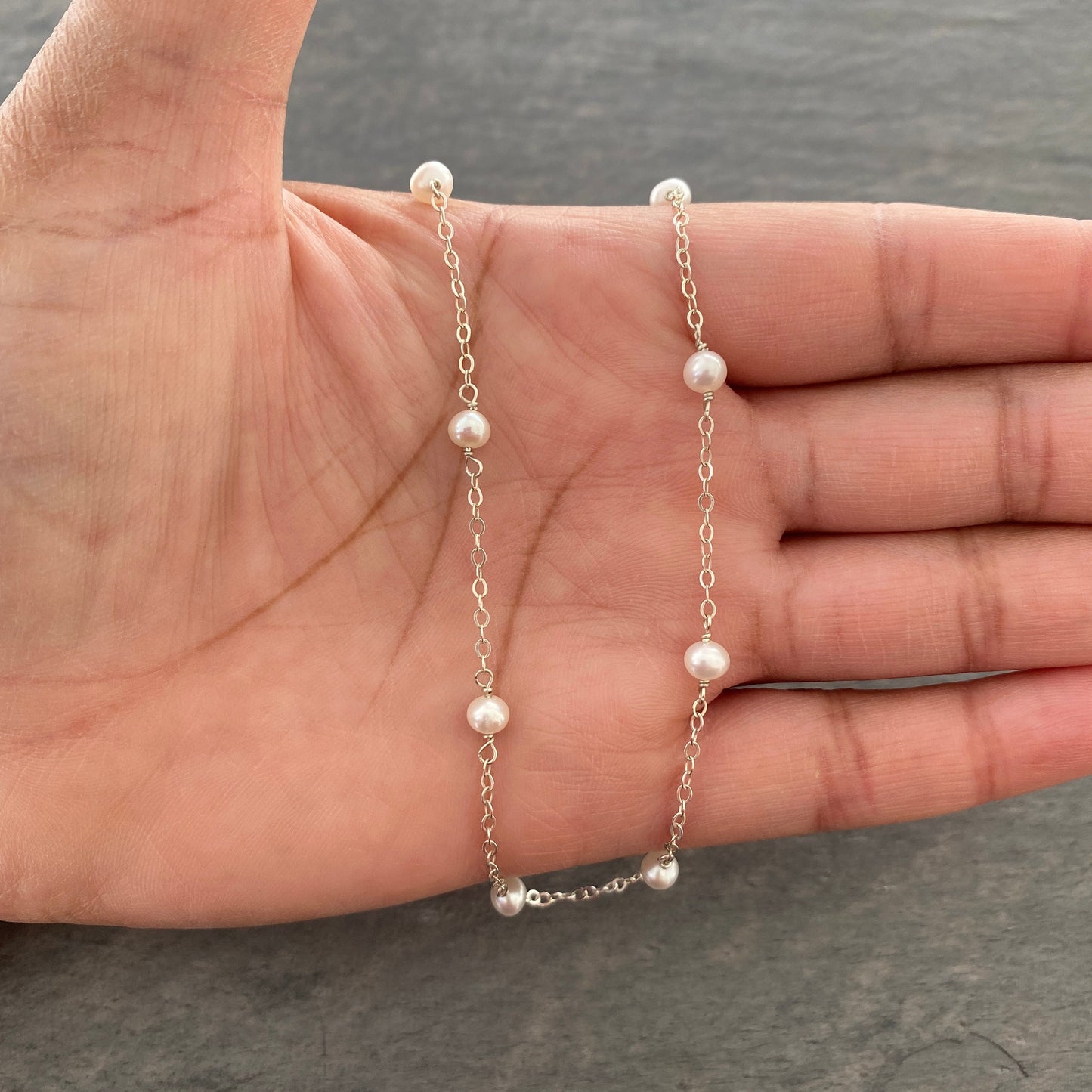 Freshwater Pearl Dainty Chain Station Necklace: Sterling Silver, Gold Filled.