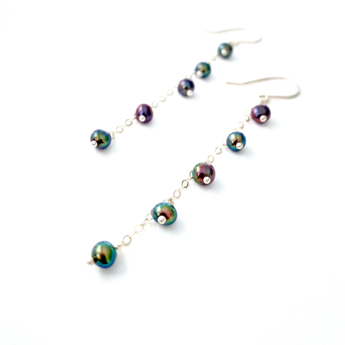 Small Black Pearl Chain Earrings: Sterling Silver Peacock Freshwater Pearls, 3 inch Dangles
