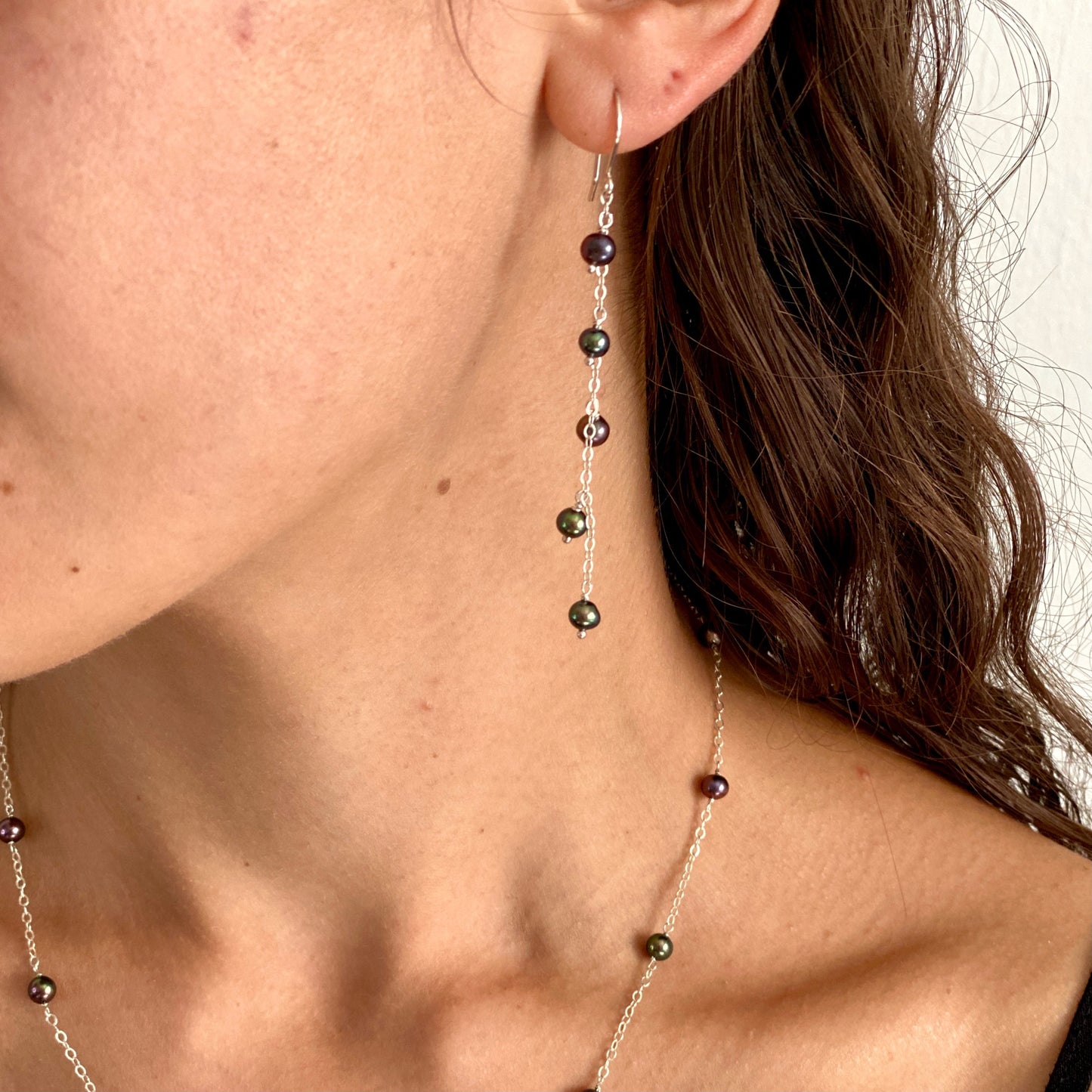 Small Black Pearl Chain Earrings: Sterling Silver Peacock Freshwater Pearls, 3 inch Dangles