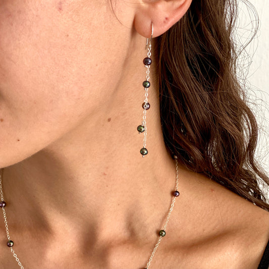 Small Black Pearl Chain Earrings: Sterling Silver Peacock Freshwater Pearls, 3 inch Dangles