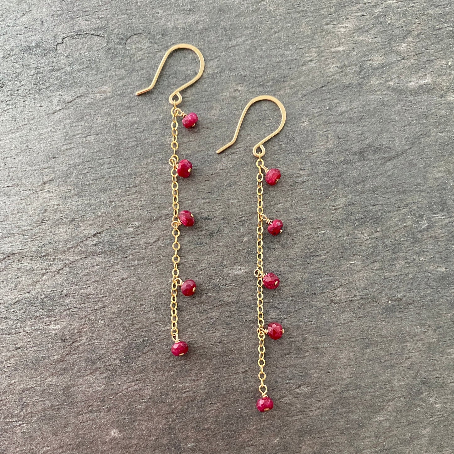 Red Ruby Chain Earrings. 14k Gold Filled Faceted Long Dangle Birthstone Gemstones.
