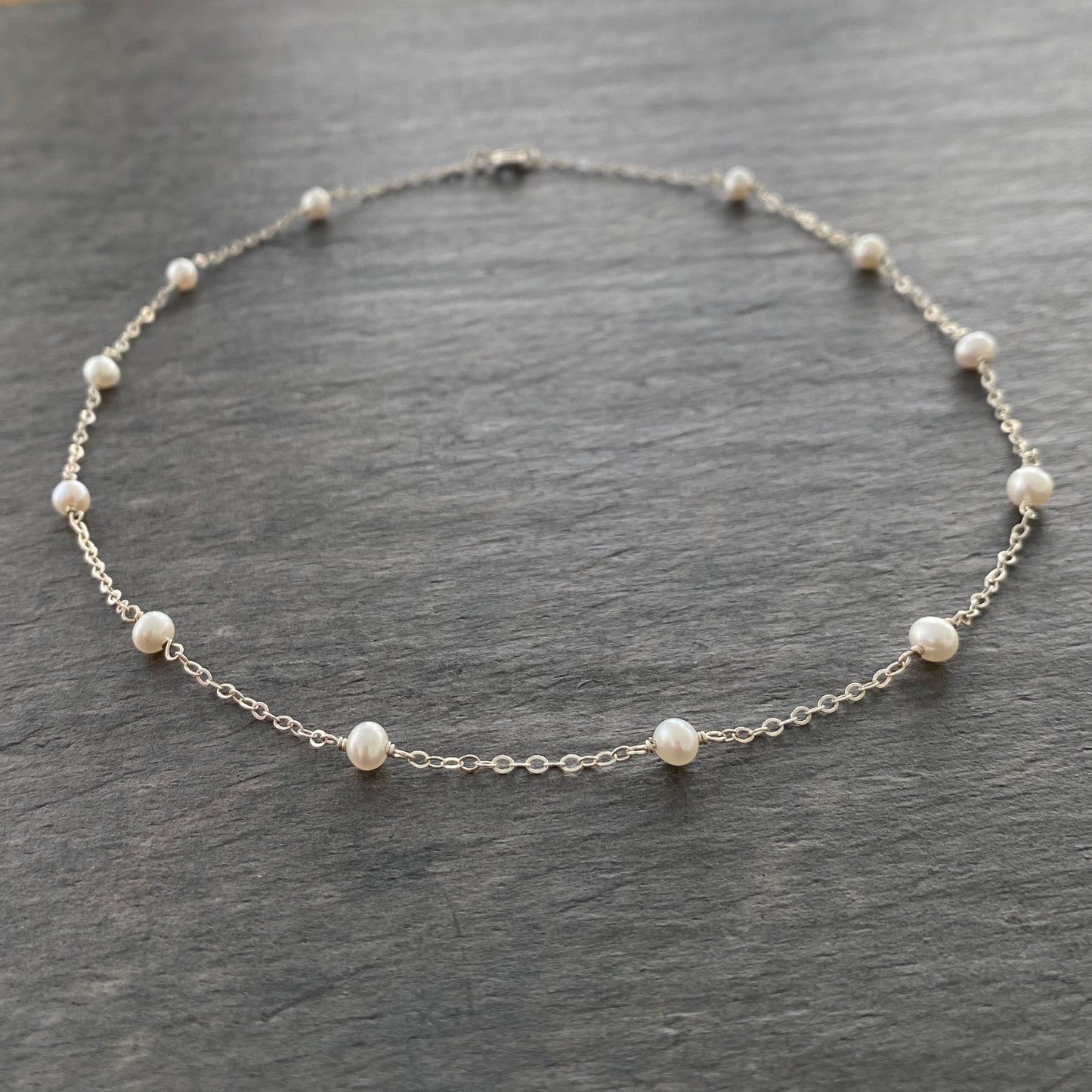 Freshwater Pearl Dainty Chain Station Necklace: Sterling Silver, Gold Filled.