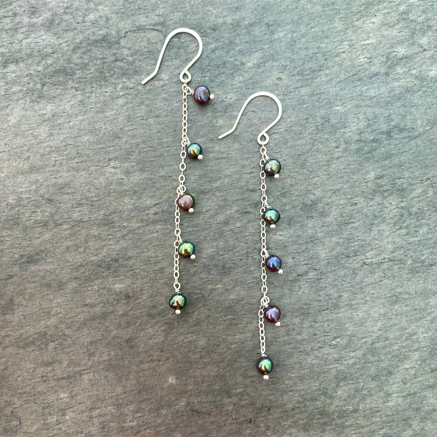 Small Black Pearl Chain Earrings: Sterling Silver Peacock Freshwater Pearls, 3 inch Dangles