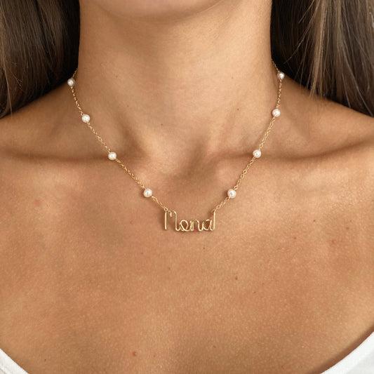 Pearl Name Necklace. Off White Freshwater Pearl and Custom Name Necklace