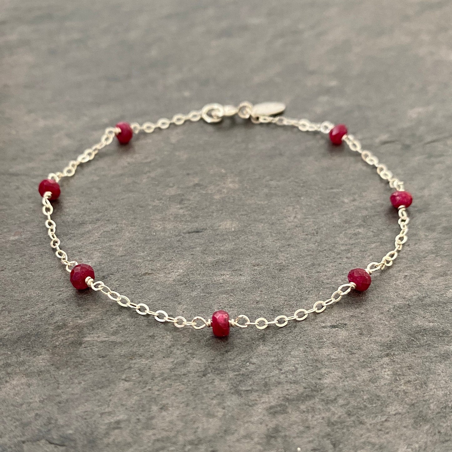 Ruby Bracelet. Delicate faceted genuine gemstone sterling silver chain bracelet