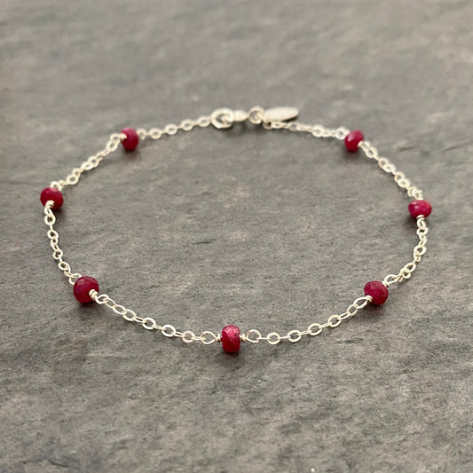 Ruby Bracelet. Delicate faceted genuine gemstone sterling silver chain bracelet
