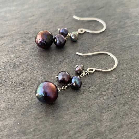 Black Peacock Pearl Earrings: Sterling Silver Dangle Earrings