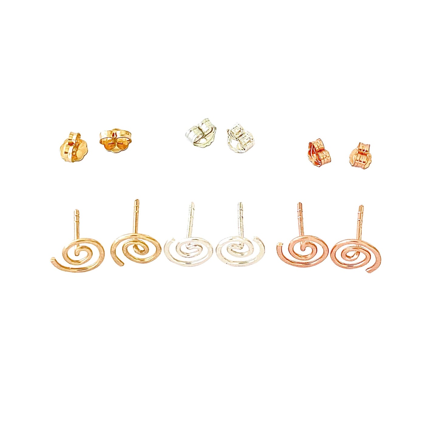 14k Solid Gold Spiral Stud Earrings: Hammered Swirl Design