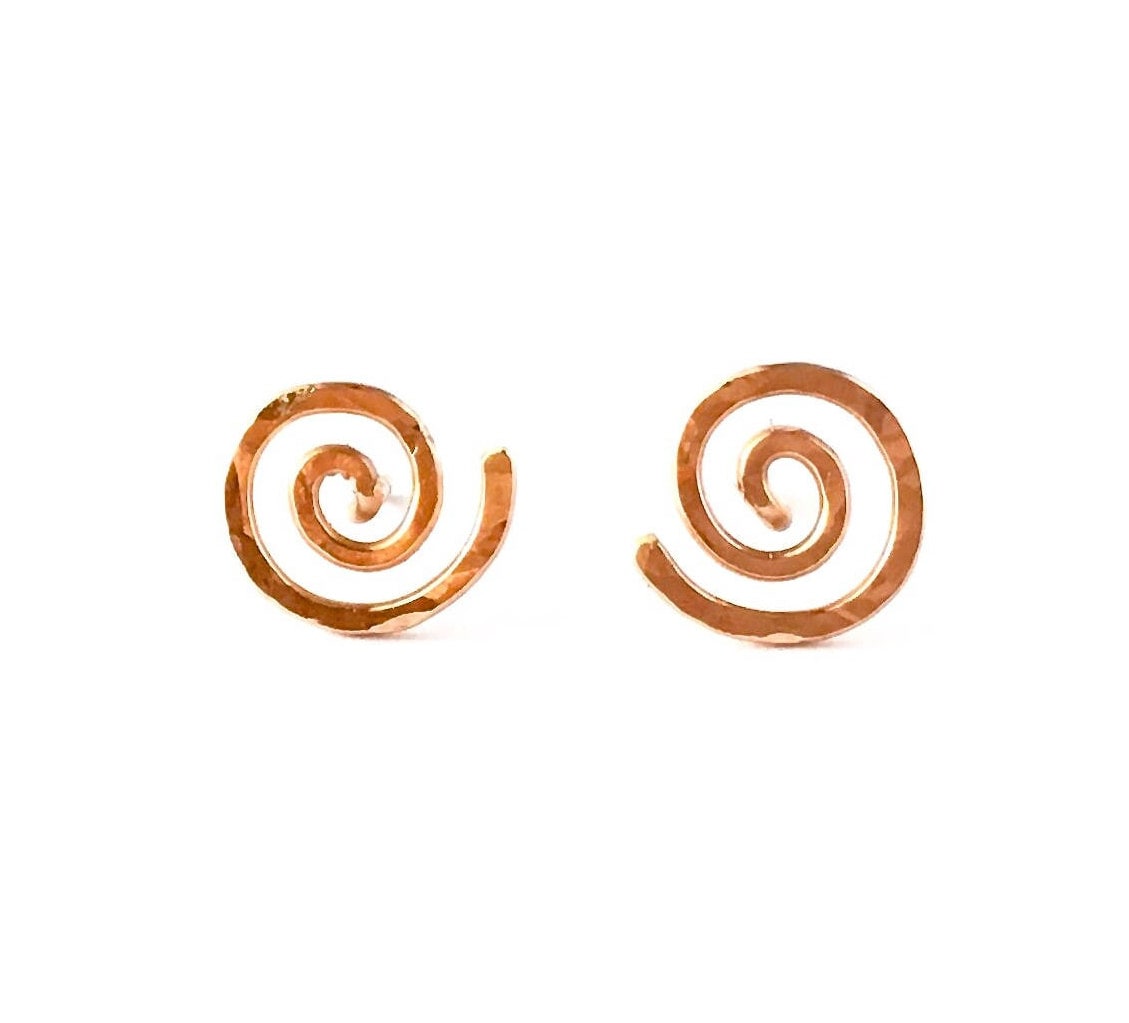 14k Rose Gold Spiral Stud Earrings: Hand Hammered Sun Swirl Posts