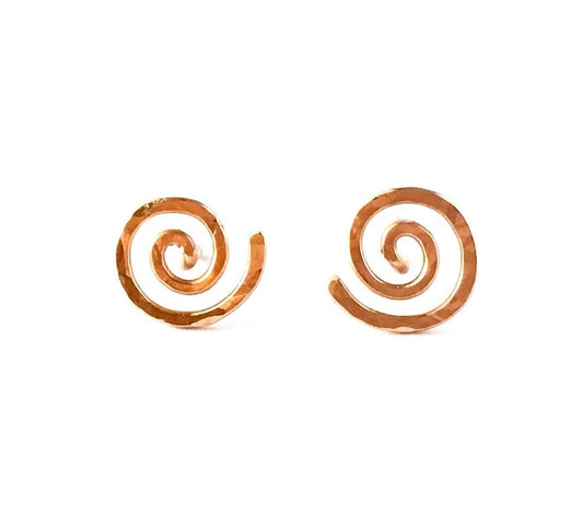 14k Rose Gold Spiral Stud Earrings: Hand Hammered Sun Swirl Posts