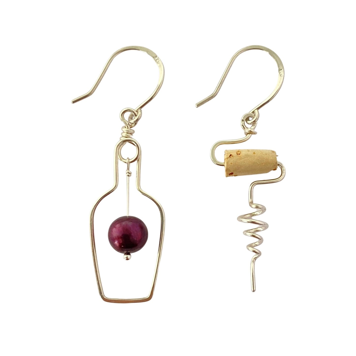 Sterling Silver Wine Earrings: Bottle & Cork, Real Corkscrew Earrings