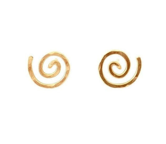 Gold Spiral Stud Earrings. Swirl 14k Gold Round Flat Hammered Stud Earrings.