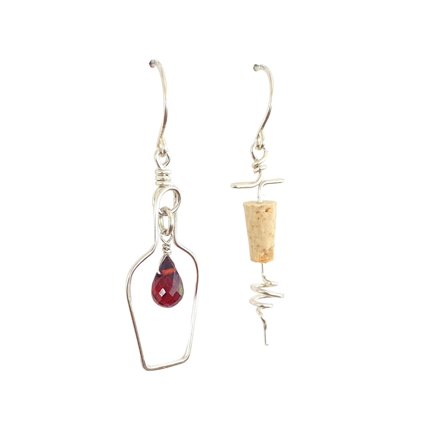 Sterling Silver Wine Earrings: Garnet Gemstone, Corkscrew Charm
