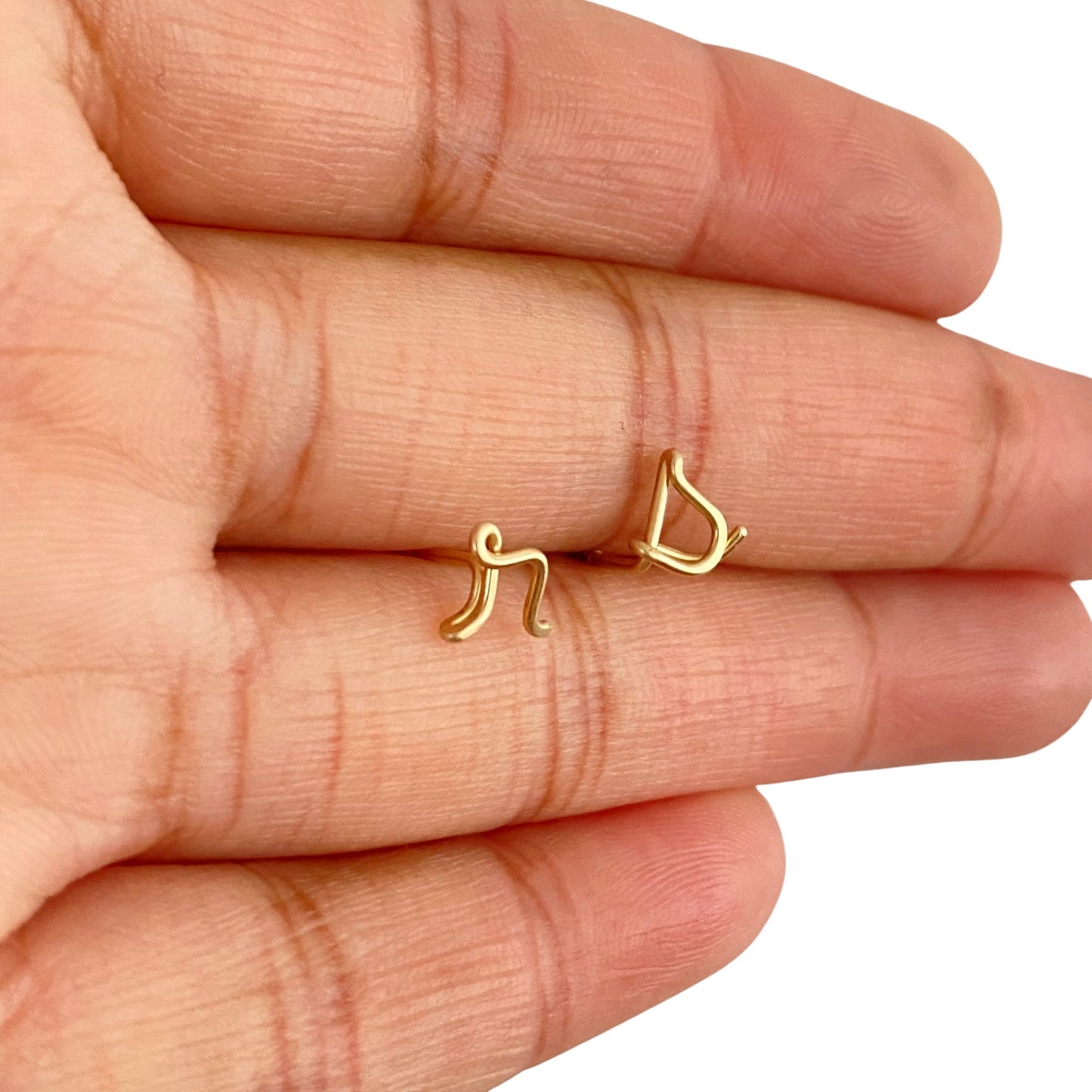 14k Gold Pair of Initial Earrings. Small Dainty lowercase script earrings. Gold Letter Wire Studs.